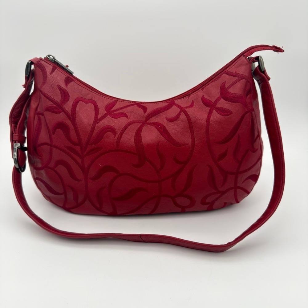 Stone Mountain Red Genuine Leather Embroidered Scroll Hobo Shoulder Bag